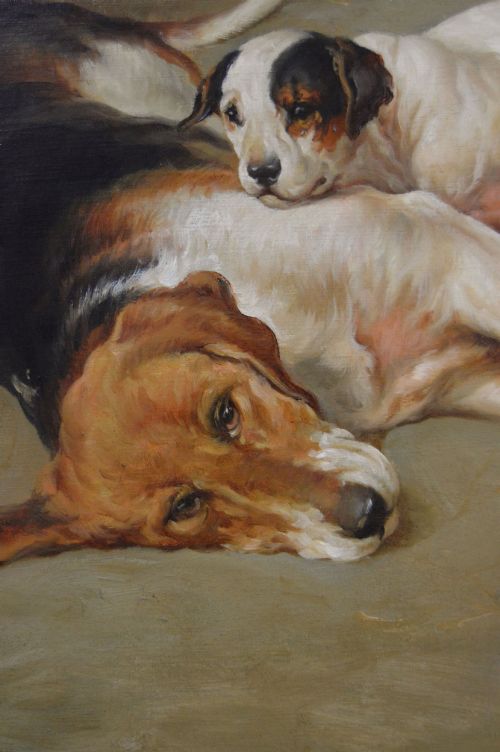 fig 6. An oil painting depicting several foxhound puppies and a fox terrier resting on a barn floor, set within a heavy carved gilded frame.
