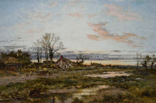 fig 1. A framed Victorian oil painting depicting a rural English common at dusk with cottages, figures, and water pools set inside an elaborate gold gilt frame.