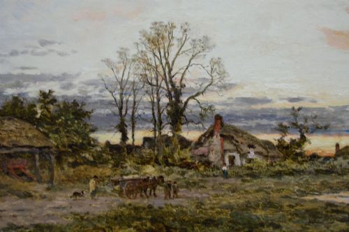 fig 2. A framed Victorian oil painting depicting a rural English common at dusk with cottages, figures, and water pools set inside an elaborate gold gilt frame.