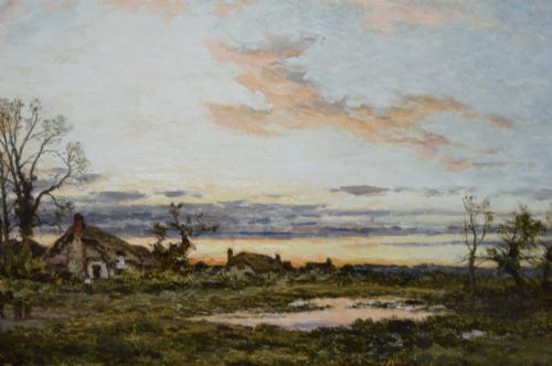 fig 3. A framed Victorian oil painting depicting a rural English common at dusk with cottages, figures, and water pools set inside an elaborate gold gilt frame.