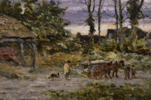 fig 4. A framed Victorian oil painting depicting a rural English common at dusk with cottages, figures, and water pools set inside an elaborate gold gilt frame.