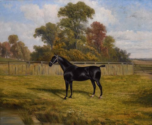fig 1. An oil painting depicting a black horse standing in profile within a green pasture, framed in a stepped gold frame.