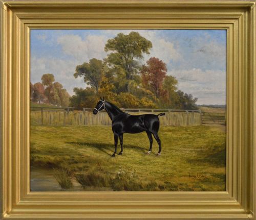 Horse Portrait Oil Painting of a Black Horse in a Field by James Albert Clark