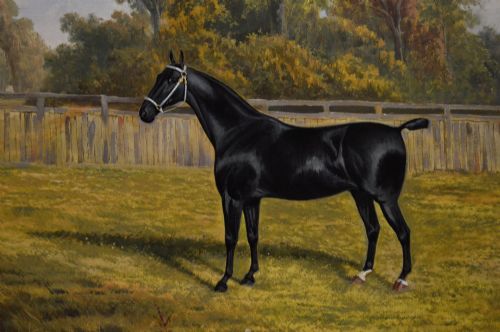 fig 2. An oil painting depicting a black horse standing in profile within a green pasture, framed in a stepped gold frame.