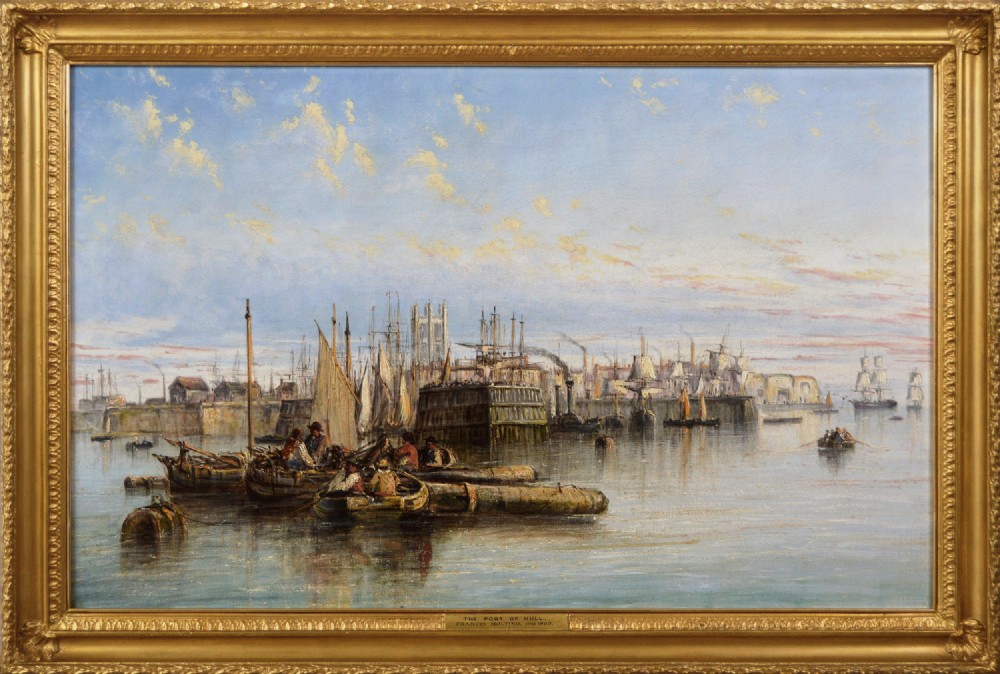 A 19th-century Victorian oil painting depicting masted ships in the harbour of Hull set within a moulded gold gilt frame.