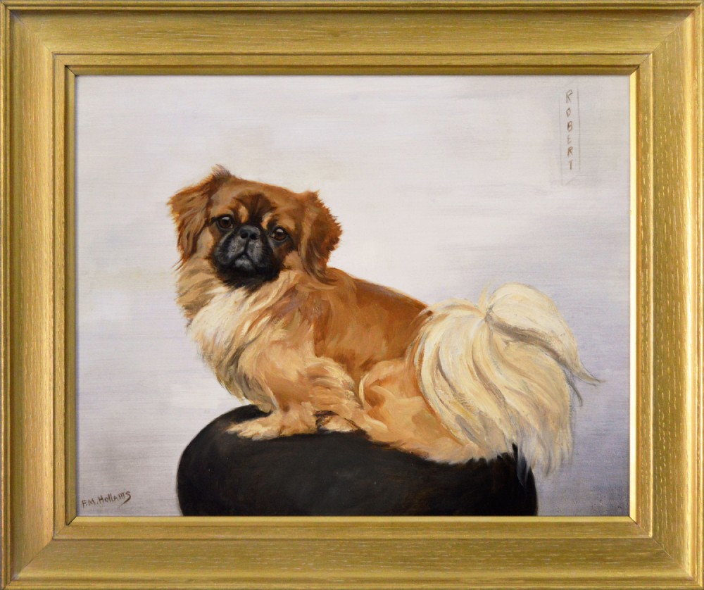 An oil painting depicting a tan Pekingese dog named Robert resting on a dark cushion, set within a gilded frame.