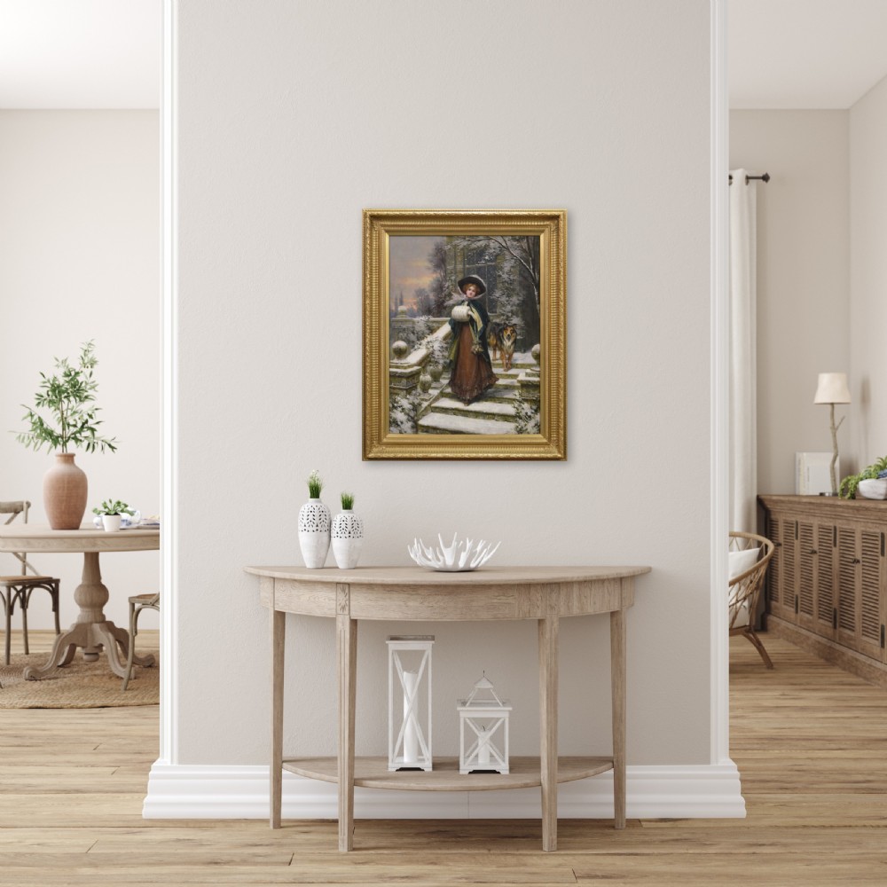 An oil painting depicting a woman in winter clothing walking down snowy stone steps with a dog, framed in an ornate gilded frame. View IX