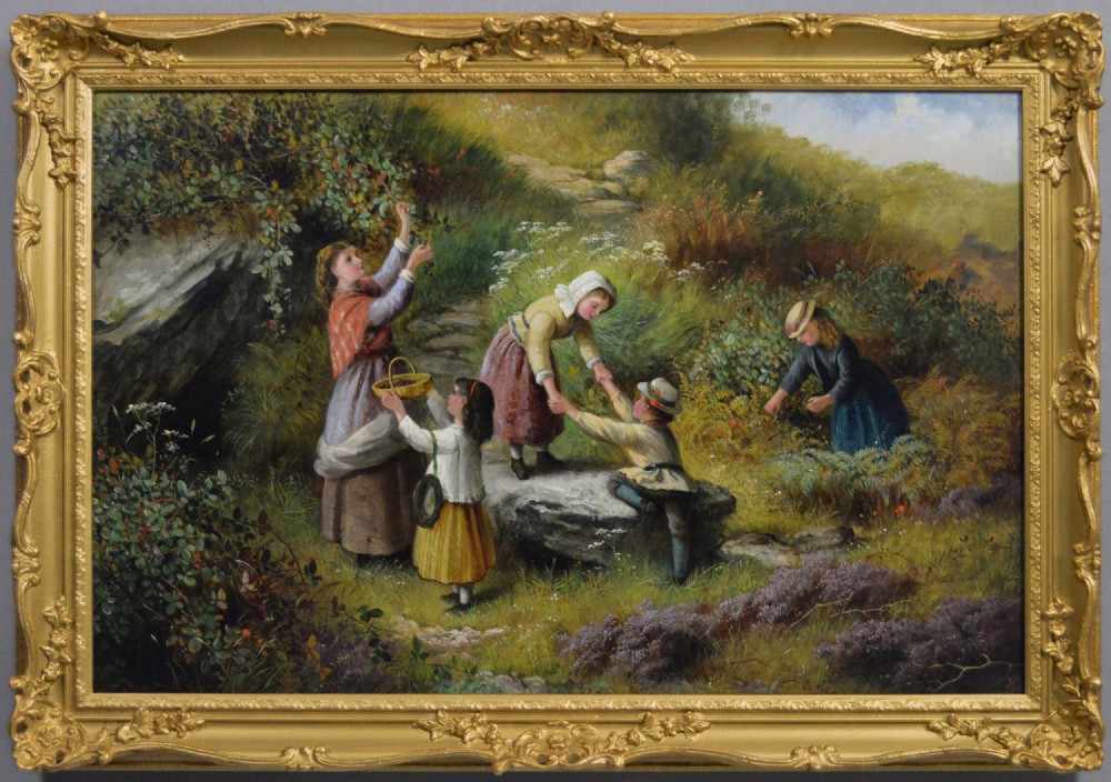 A nineteenth-century oil painting depicting a woman and four young children gathering berries in a grassy landscape, housed in a heavily moulded gold frame.