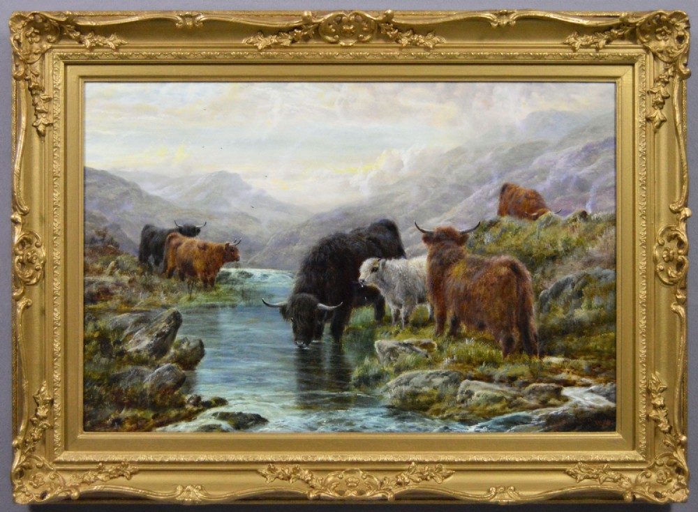 An oil painting depicting a herd of Highland cattle watering at a stream within a misty Scottish mountain landscape, enclosed in a gilded floral frame.