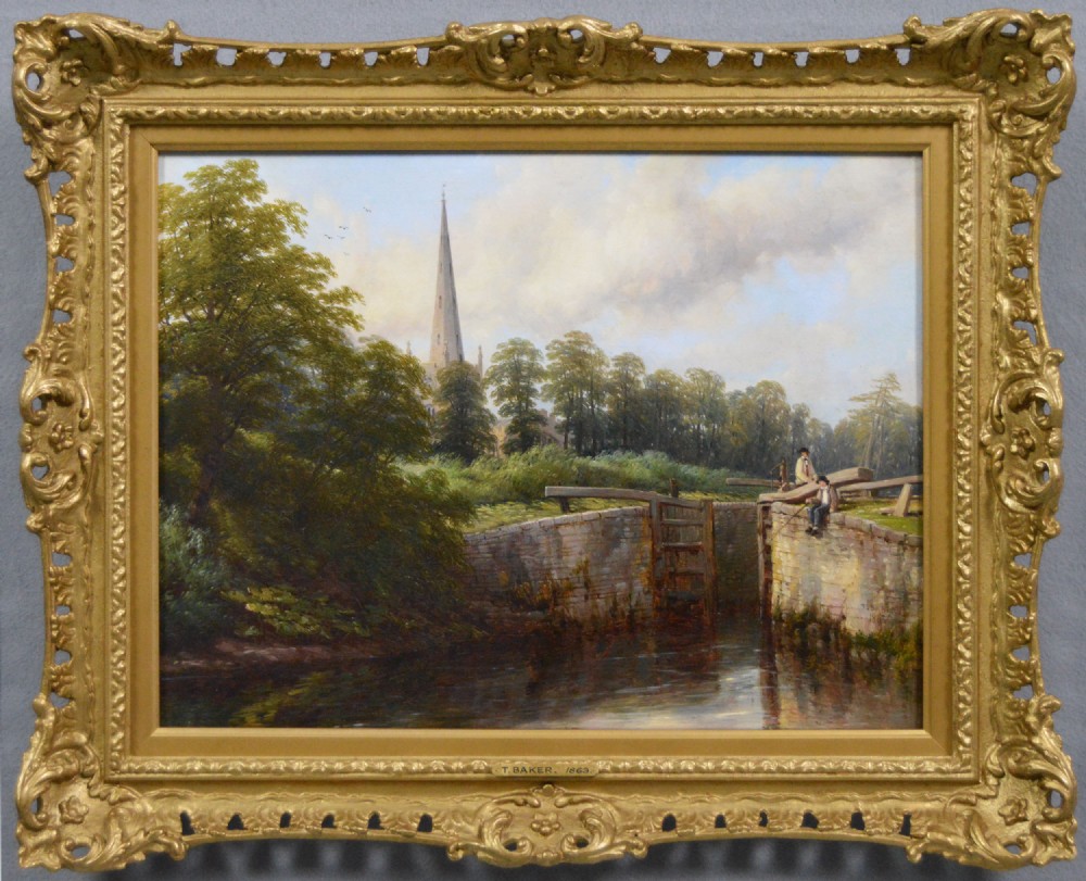 A Victorian oil painting on canvas depicting a river lock and church spire, framed in a carved giltwood frame.