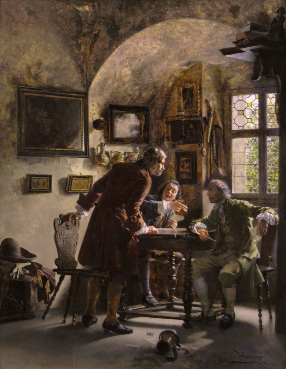 An oil painting depicting three men in 18th-century attire playing cards inside a tavern, framed in an ornate giltwood frame. View II