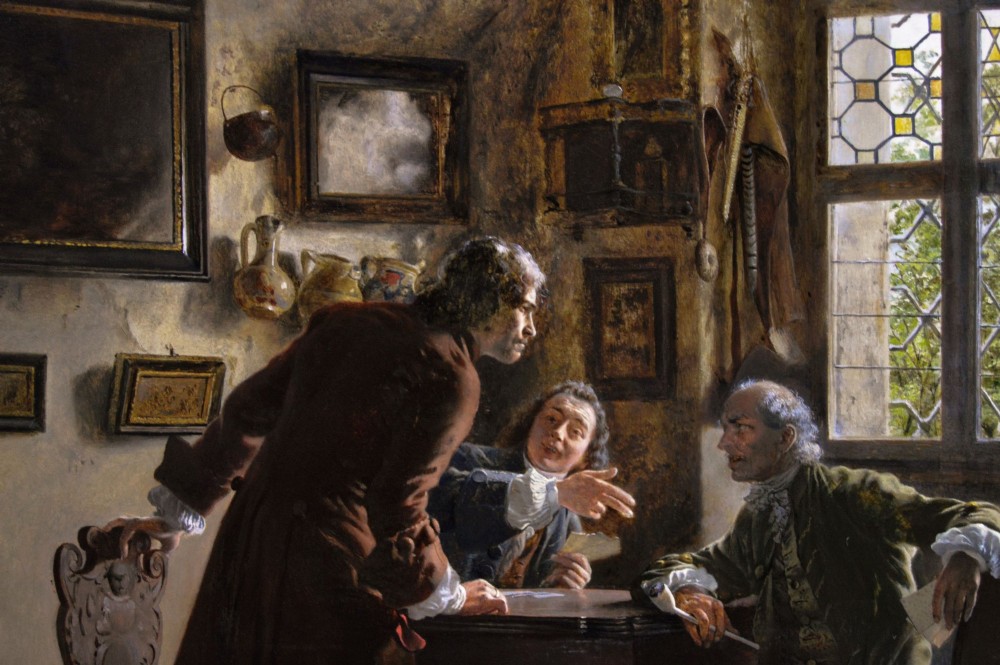 An oil painting depicting three men in 18th-century attire playing cards inside a tavern, framed in an ornate giltwood frame. View III