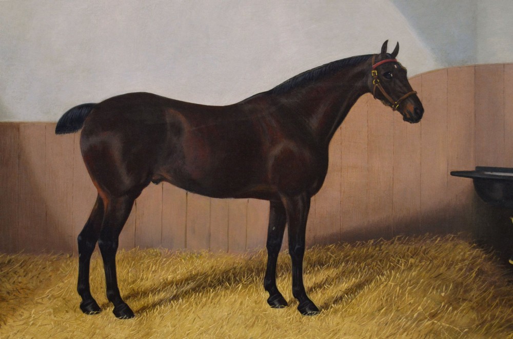 An oil painting depicting a dark bay horse standing in a straw-filled stable stall, encased within a heavy gold gilt frame. View III