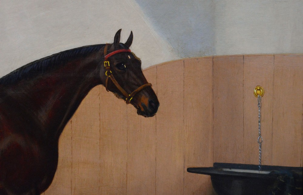 An oil painting depicting a dark bay horse standing in a straw-filled stable stall, encased within a heavy gold gilt frame. View IV