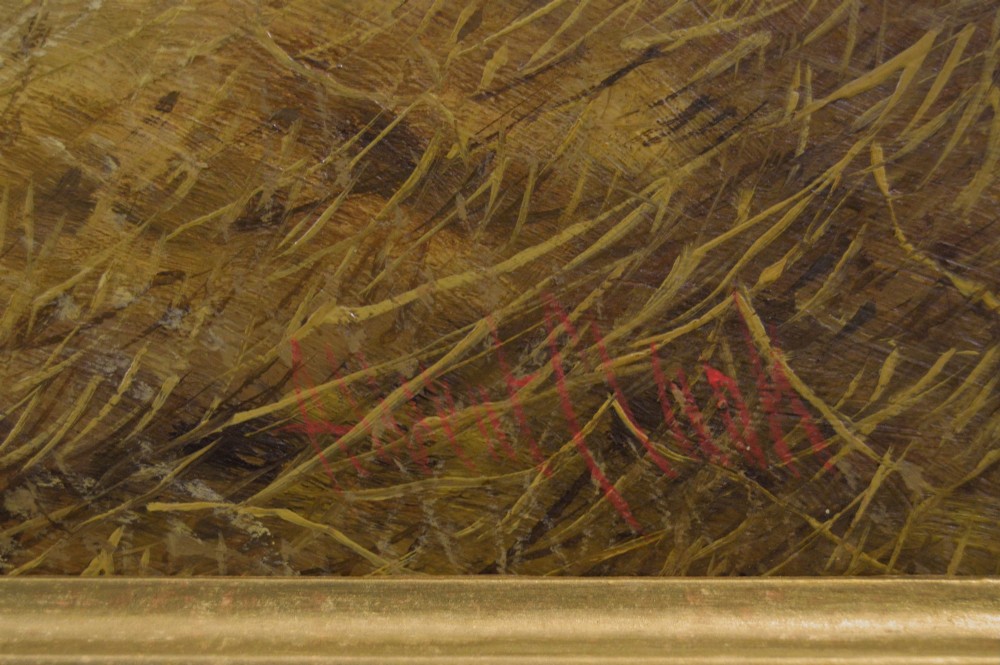An oil painting depicting a dark bay horse standing in a straw-filled stable stall, encased within a heavy gold gilt frame. View V
