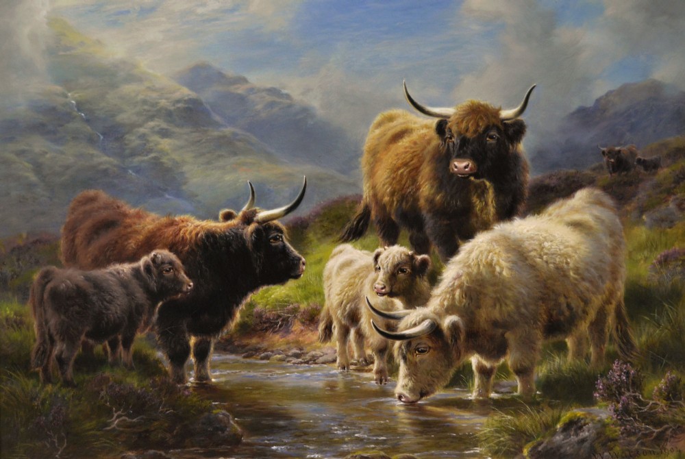 A 19th-century oil painting depicting Highland cattle drinking from a stream in a misty mountain landscape, set within an ornate gilded frame. View II