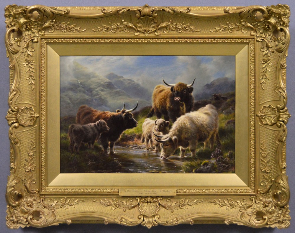 A 19th-century oil painting depicting Highland cattle drinking from a stream in a misty mountain landscape, set within an ornate gilded frame.