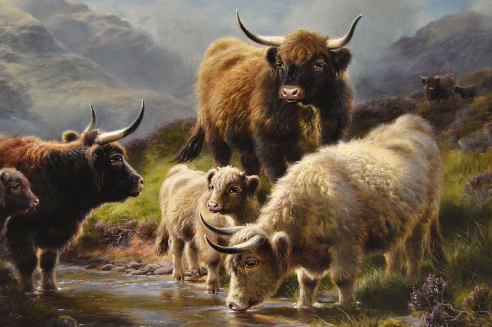 A 19th-century oil painting depicting Highland cattle drinking from a stream in a misty mountain landscape, set within an ornate gilded frame. View III