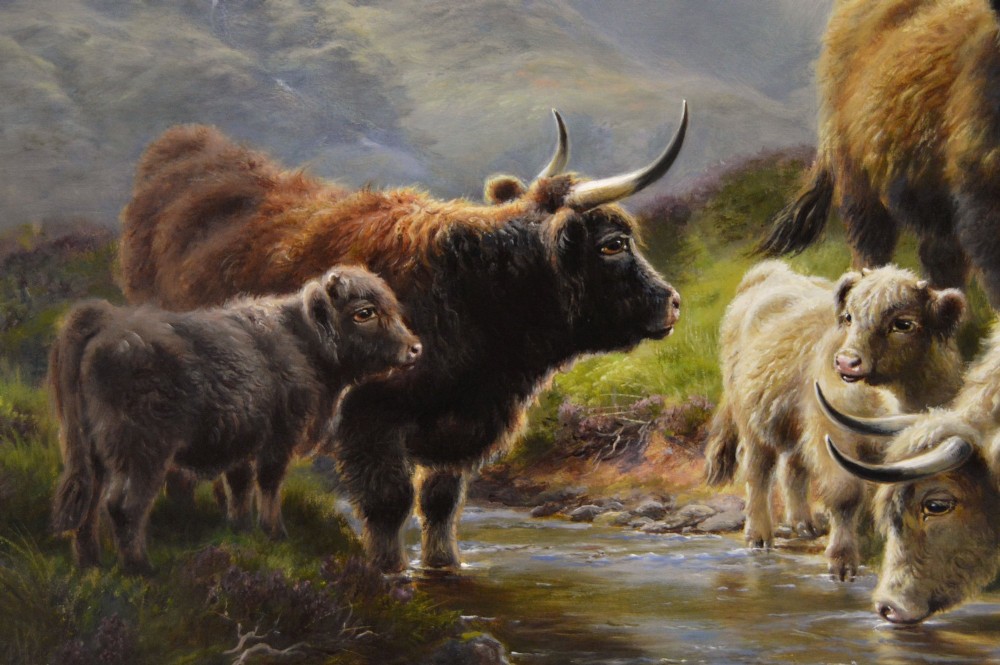 A 19th-century oil painting depicting Highland cattle drinking from a stream in a misty mountain landscape, set within an ornate gilded frame. View IV