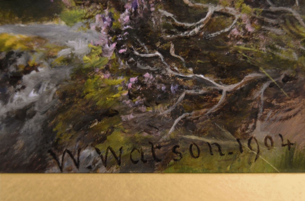 A 19th-century oil painting depicting Highland cattle drinking from a stream in a misty mountain landscape, set within an ornate gilded frame. View VI