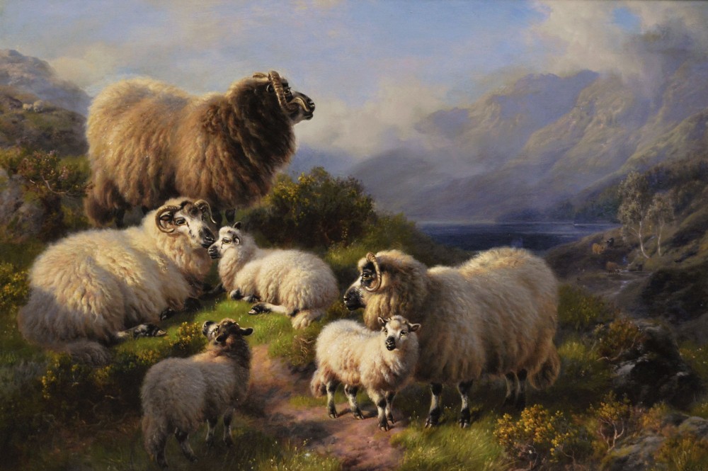 An oil painting depicting a flock of Highland sheep in a mountain landscape near Loch Tay, set inside an ornate carved gold leaf frame. View II