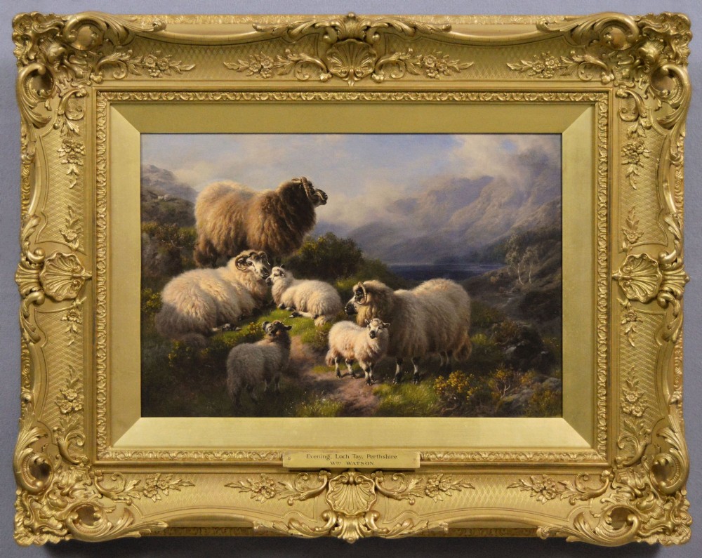An oil painting depicting a flock of Highland sheep in a mountain landscape near Loch Tay, set inside an ornate carved gold leaf frame.