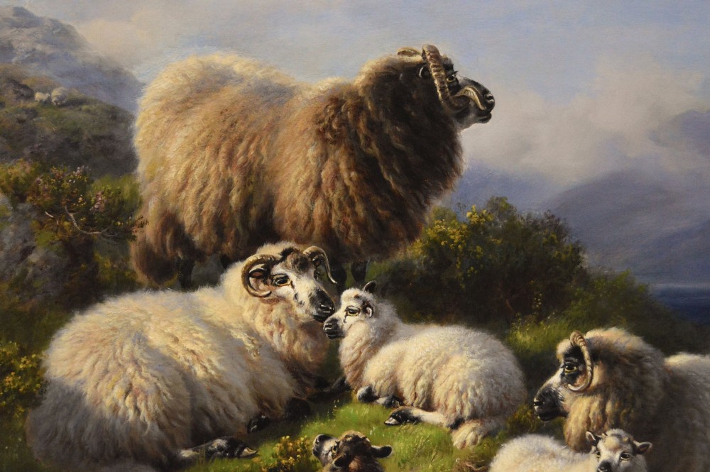 An oil painting depicting a flock of Highland sheep in a mountain landscape near Loch Tay, set inside an ornate carved gold leaf frame. View III