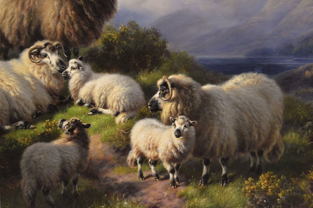 An oil painting depicting a flock of Highland sheep in a mountain landscape near Loch Tay, set inside an ornate carved gold leaf frame. View IV