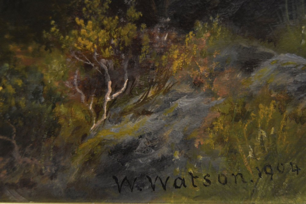 An oil painting depicting a flock of Highland sheep in a mountain landscape near Loch Tay, set inside an ornate carved gold leaf frame. View V