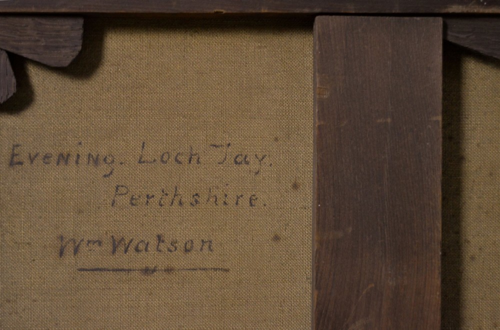 An oil painting depicting a flock of Highland sheep in a mountain landscape near Loch Tay, set inside an ornate carved gold leaf frame. View VI