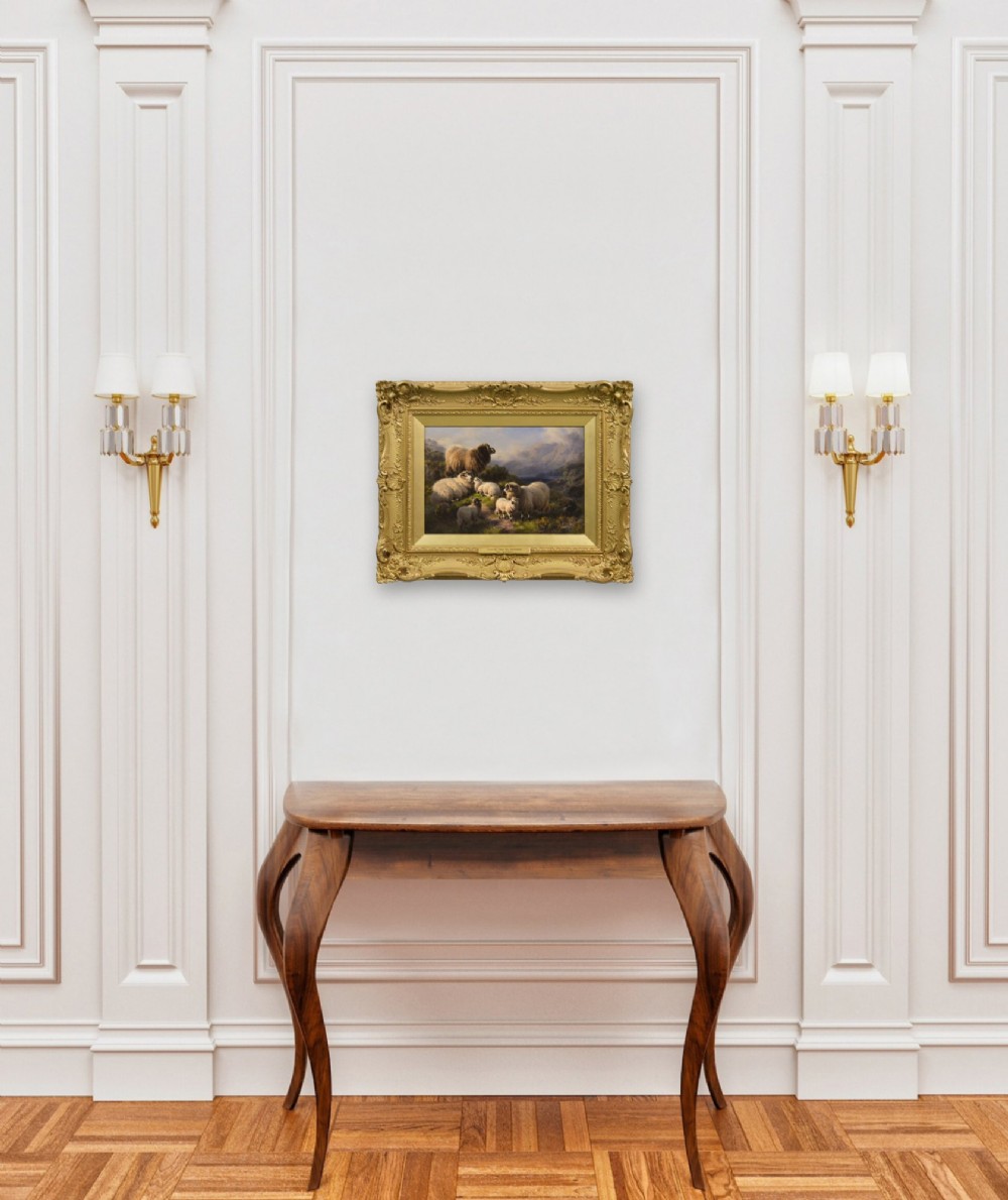 An oil painting depicting a flock of Highland sheep in a mountain landscape near Loch Tay, set inside an ornate carved gold leaf frame. View VII