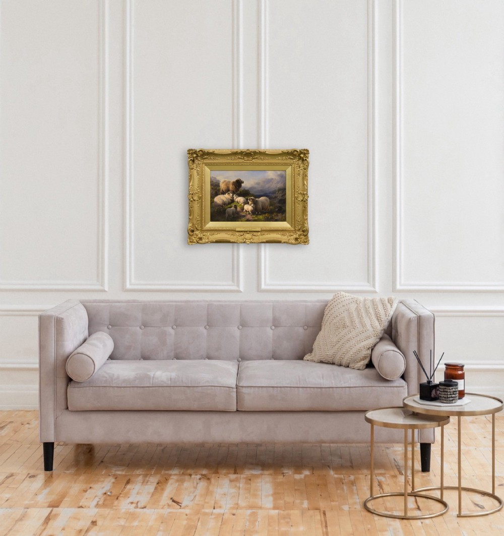 An oil painting depicting a flock of Highland sheep in a mountain landscape near Loch Tay, set inside an ornate carved gold leaf frame. View IX