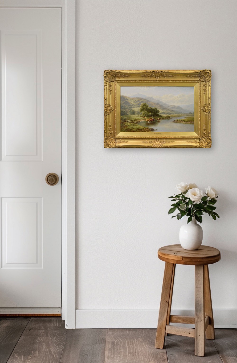 An oil painting depicting cattle watering in the River Llugwy with Welsh mountains in the background, housed in an elaborate gold gilt frame. View XI