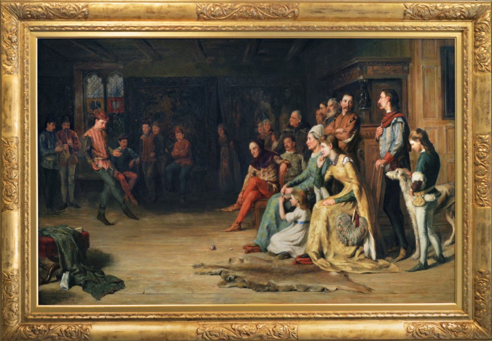A large 19th-century horizontal oil painting depicting costume dancers entertaining figures in a timbered hall, enclosed within a deep carved gold giltwood frame.