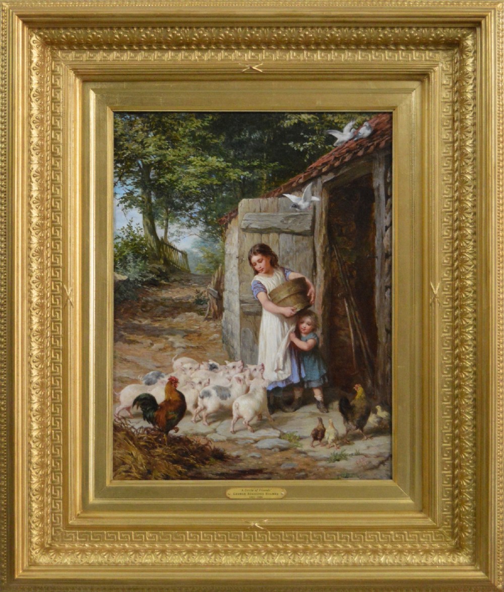 Victorian genre oil painting depicting two children feeding farmyard piglets and poultry beside a stone barn, set in a carved gilt frame.