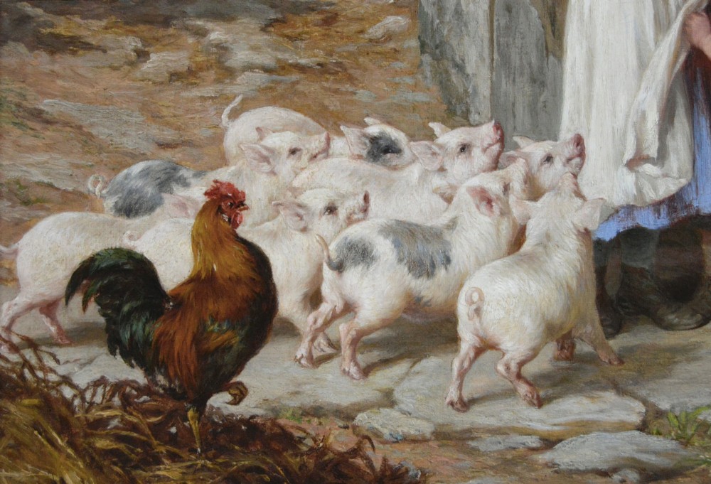 Victorian genre oil painting depicting two children feeding farmyard piglets and poultry beside a stone barn, set in a carved gilt frame. View IV