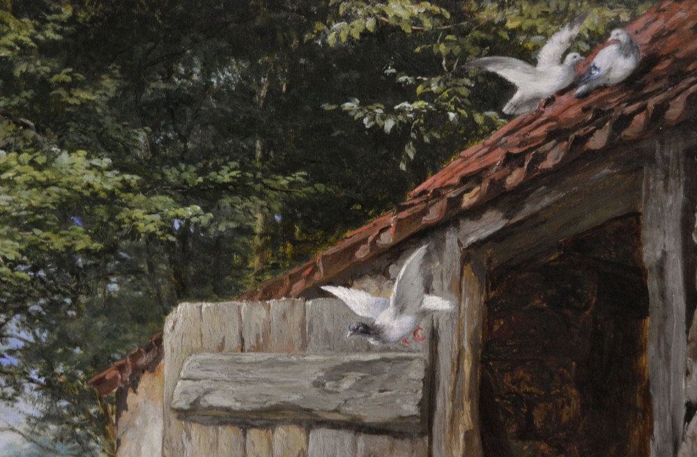 Victorian genre oil painting depicting two children feeding farmyard piglets and poultry beside a stone barn, set in a carved gilt frame. View V