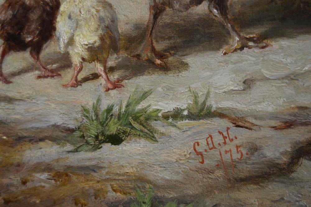 Victorian genre oil painting depicting two children feeding farmyard piglets and poultry beside a stone barn, set in a carved gilt frame. View VI