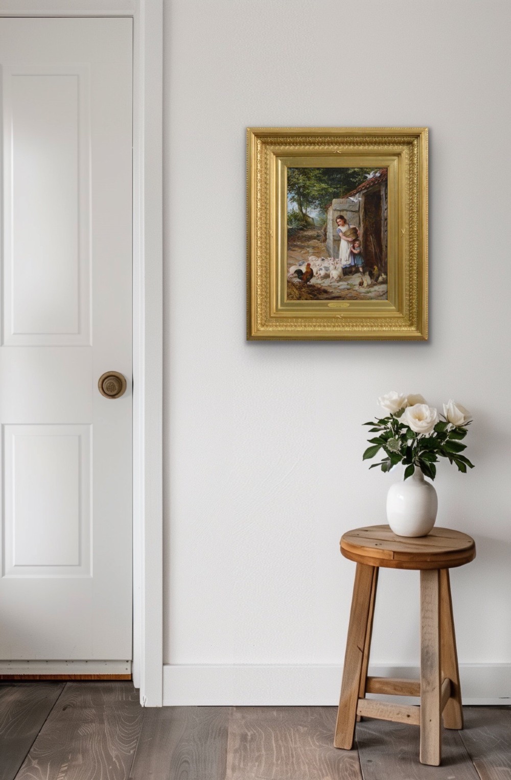Victorian genre oil painting depicting two children feeding farmyard piglets and poultry beside a stone barn, set in a carved gilt frame. View X