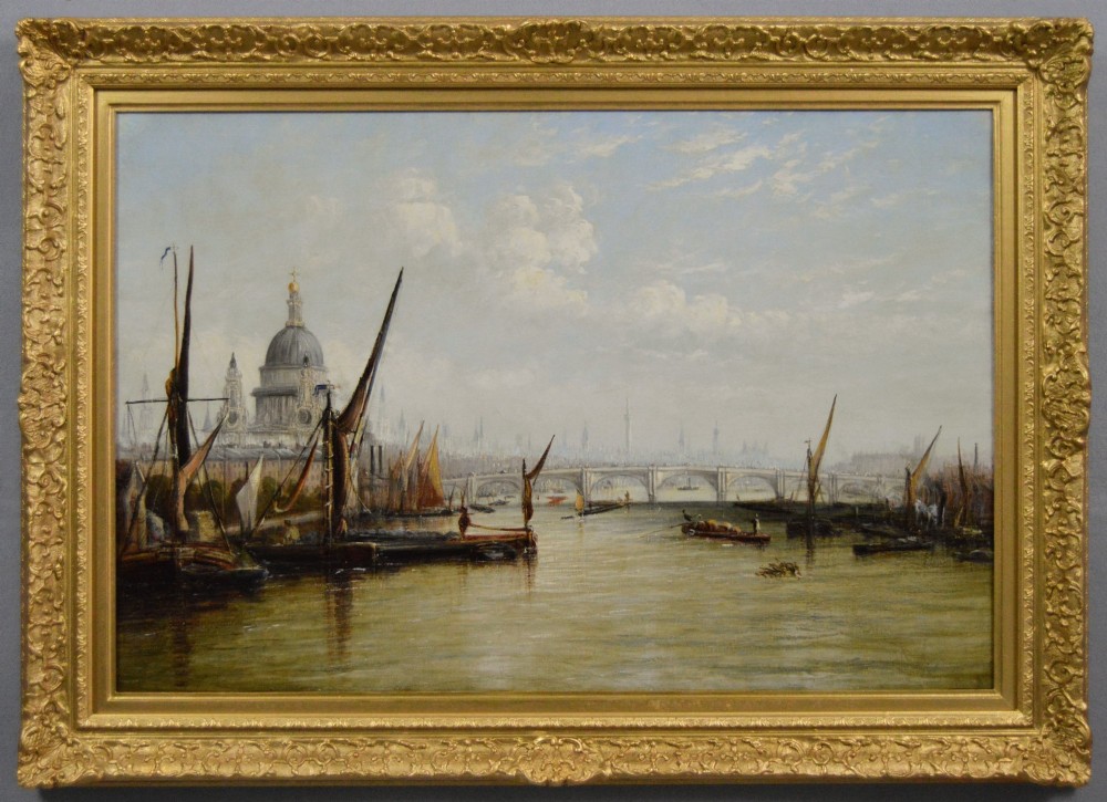 A nineteenth-century oil painting depicting sailing barges on the River Thames with St Pauls Cathedral in the background, set within an ornate gilded frame.