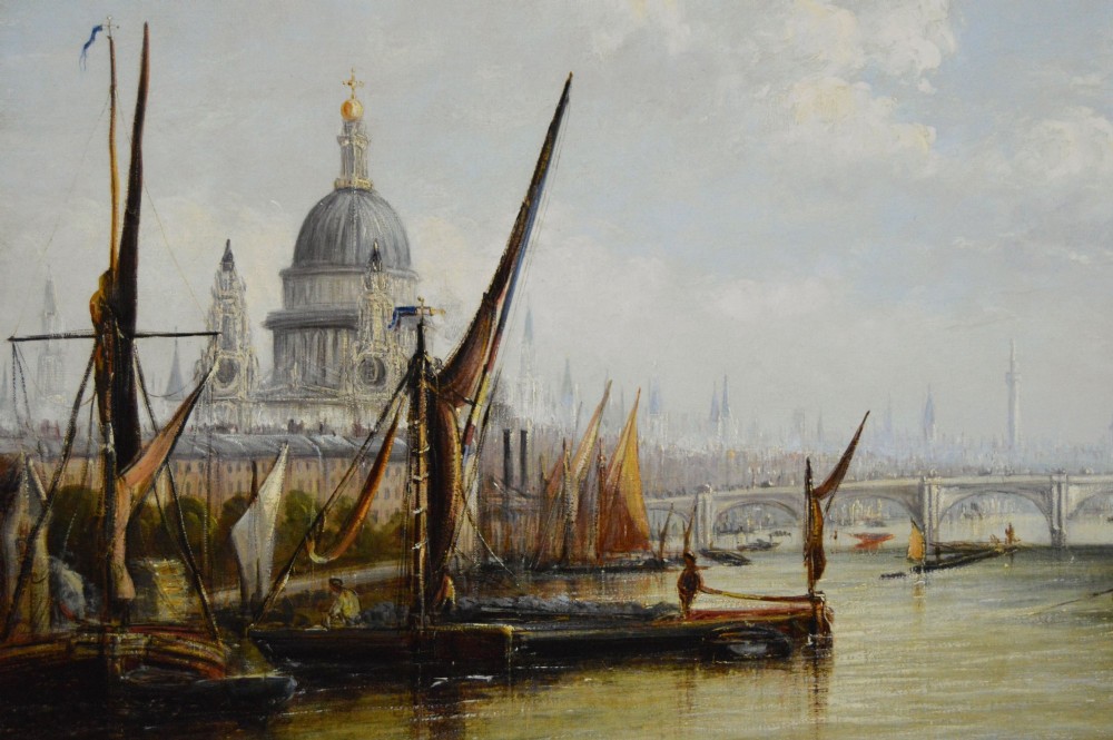 A nineteenth-century oil painting depicting sailing barges on the River Thames with St Pauls Cathedral in the background, set within an ornate gilded frame. View III