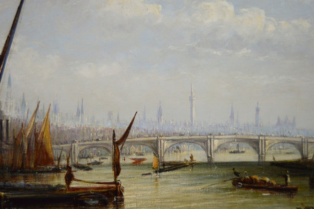 A nineteenth-century oil painting depicting sailing barges on the River Thames with St Pauls Cathedral in the background, set within an ornate gilded frame. View IV