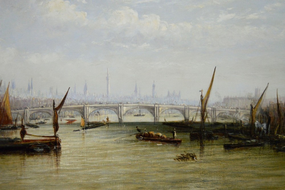 A nineteenth-century oil painting depicting sailing barges on the River Thames with St Pauls Cathedral in the background, set within an ornate gilded frame. View V