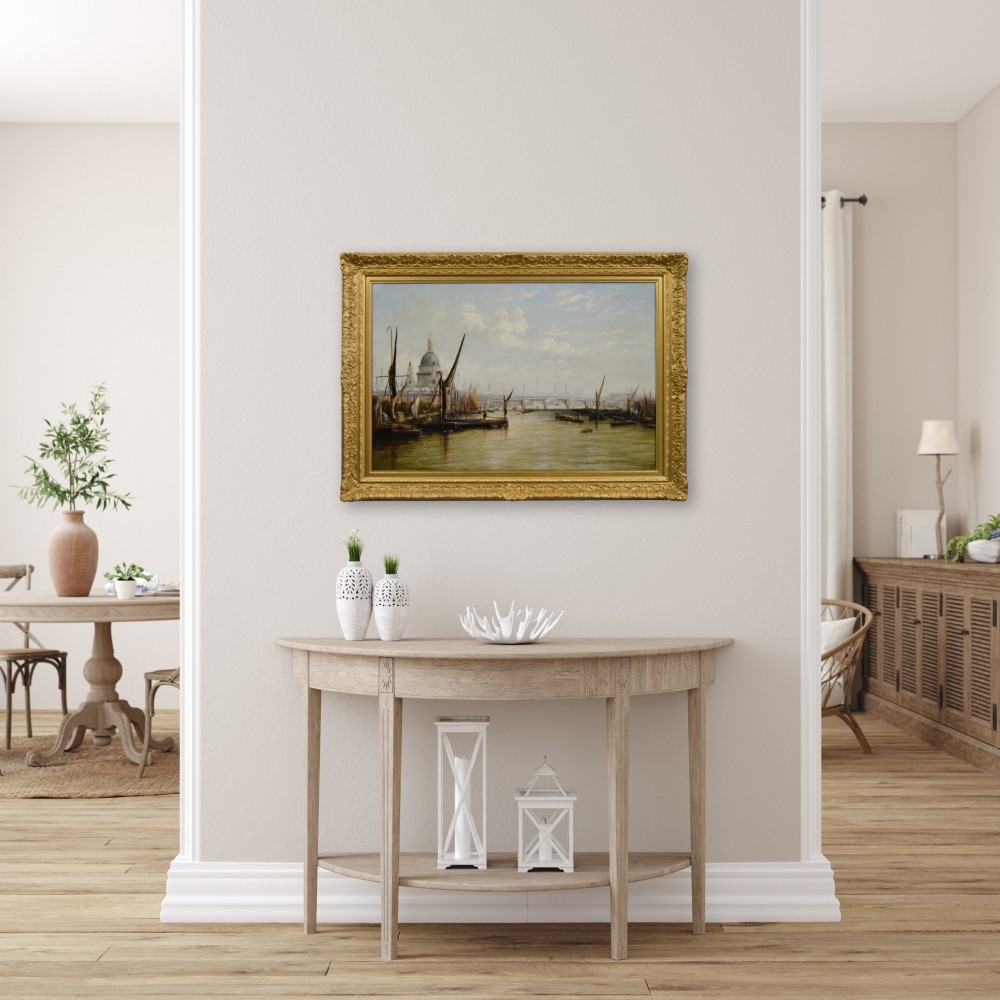 A nineteenth-century oil painting depicting sailing barges on the River Thames with St Pauls Cathedral in the background, set within an ornate gilded frame. View VII