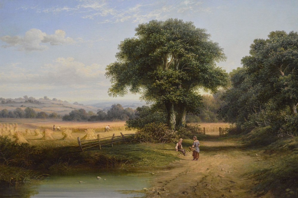 A 19th-century Victorian oil painting depicting a rural harvest field with figures along a dirt track, presented in an ornate giltwood frame. View II