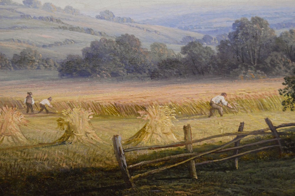 A 19th-century Victorian oil painting depicting a rural harvest field with figures along a dirt track, presented in an ornate giltwood frame. View V