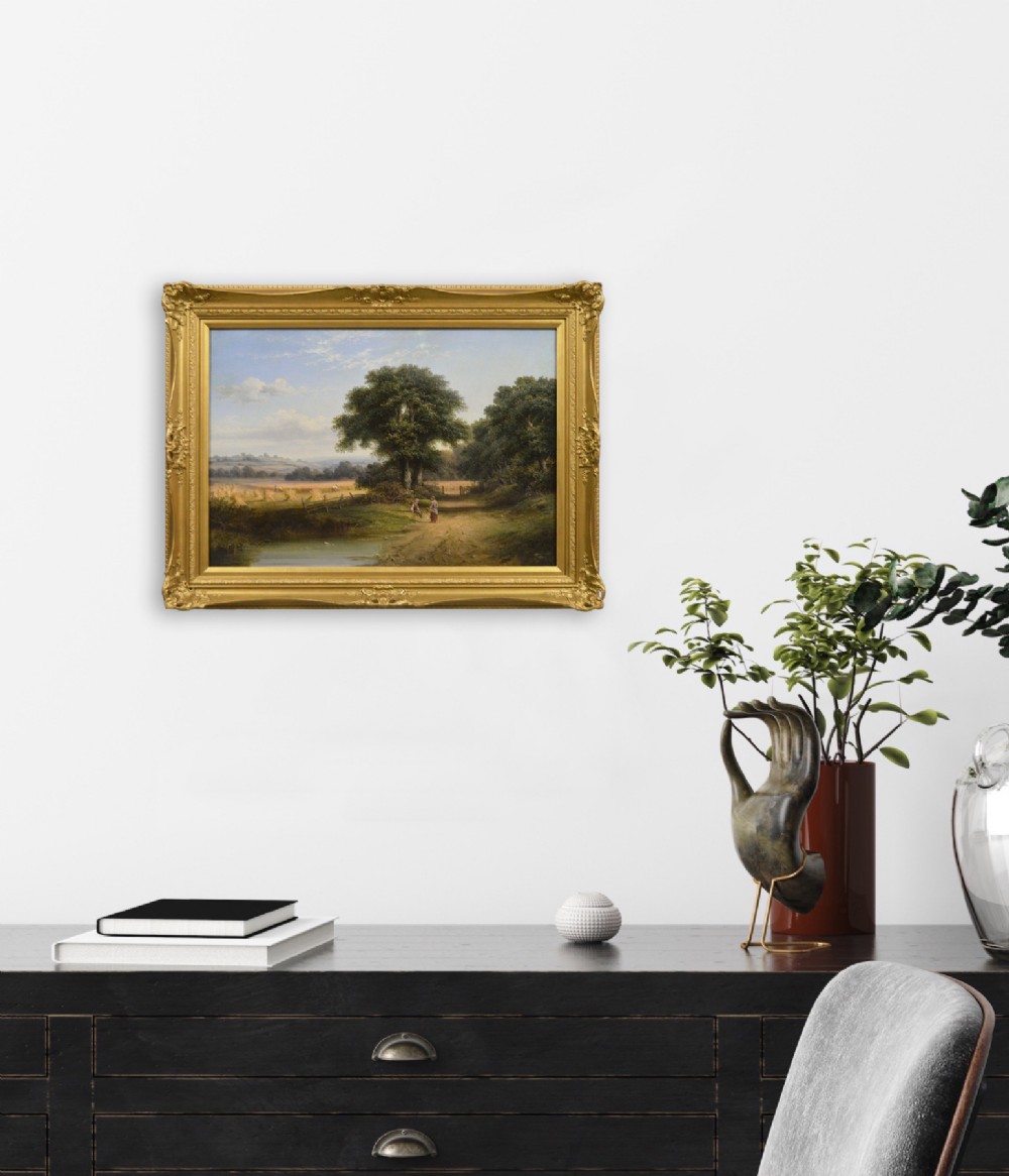 A 19th-century Victorian oil painting depicting a rural harvest field with figures along a dirt track, presented in an ornate giltwood frame. View XI