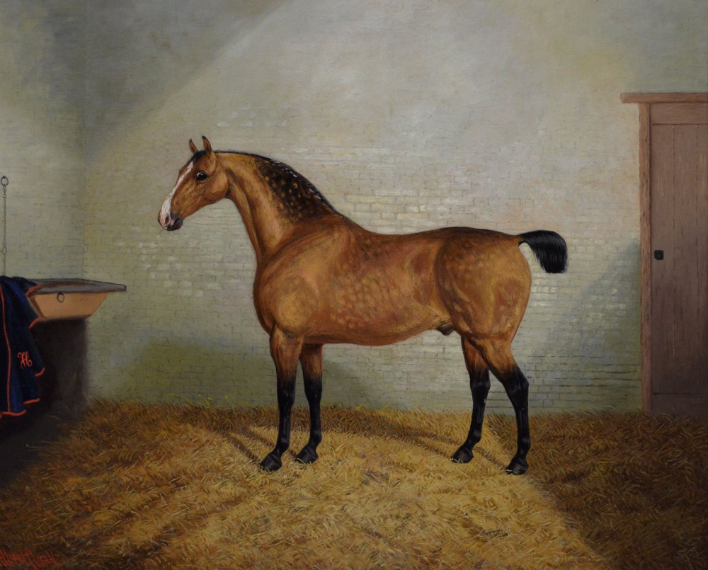A nineteenth-century oil painting featuring a dappled buckskin horse standing in profile inside a stable, framed by a timber surround with a gilt inner slip. View II