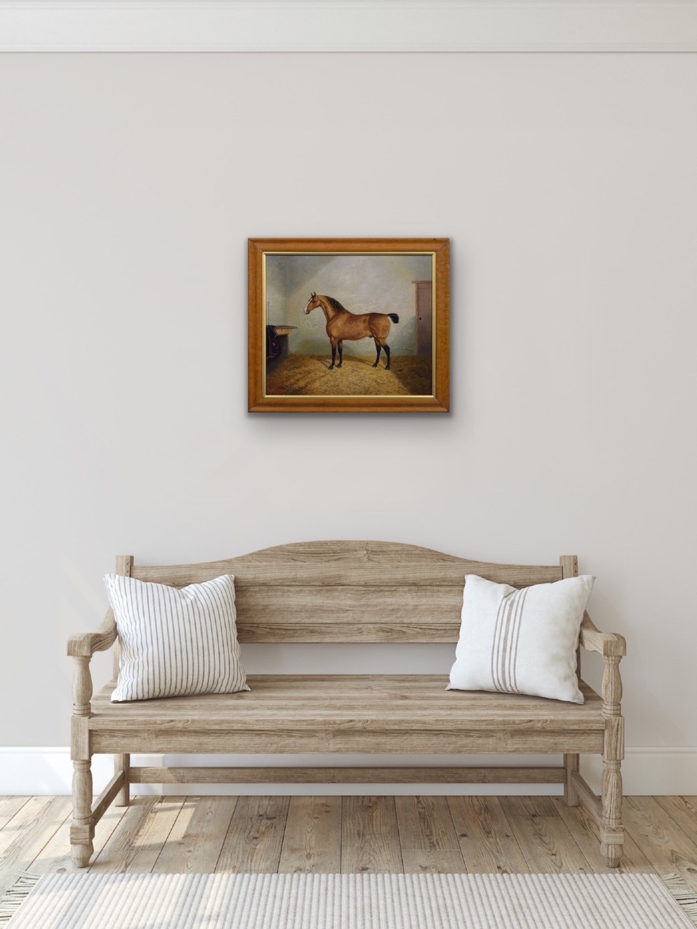 A nineteenth-century oil painting featuring a dappled buckskin horse standing in profile inside a stable, framed by a timber surround with a gilt inner slip. View VIII