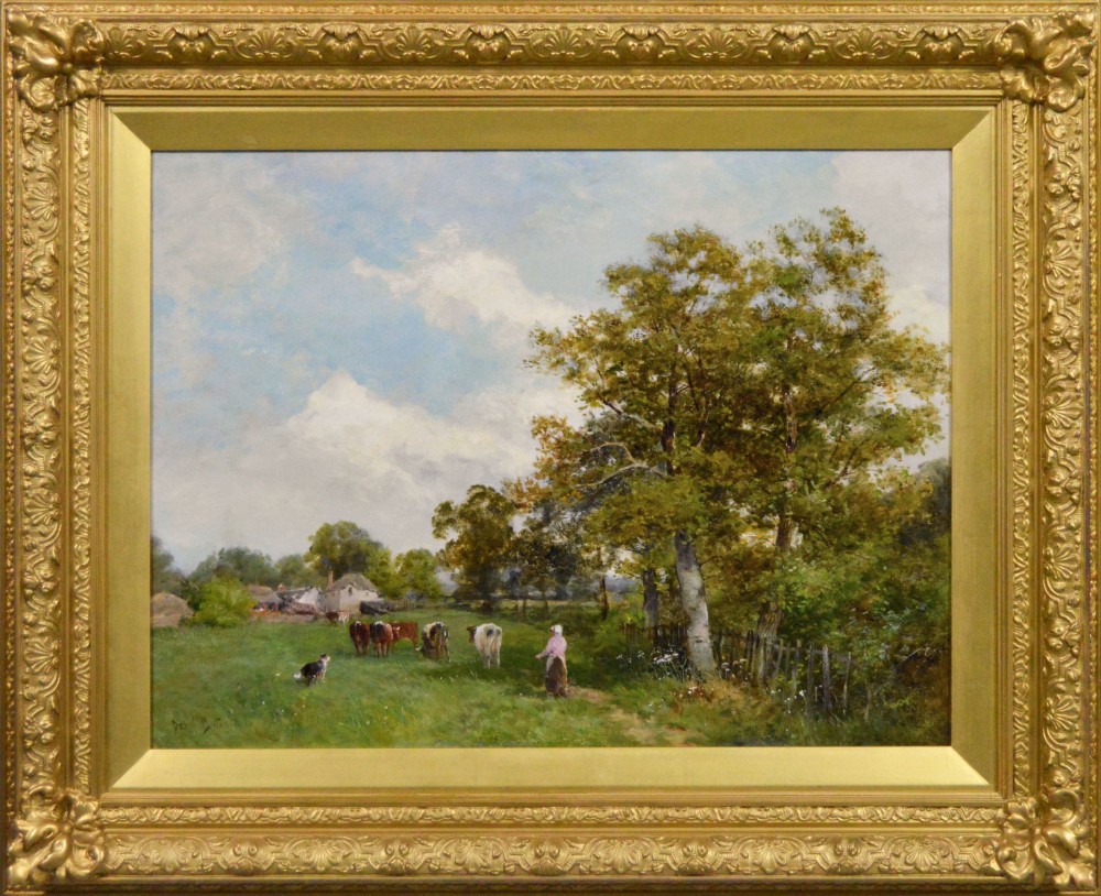 A Victorian landscape oil painting depicting a woman and a dog herding cattle in a grassy field, set within a heavily decorated gilded frame.